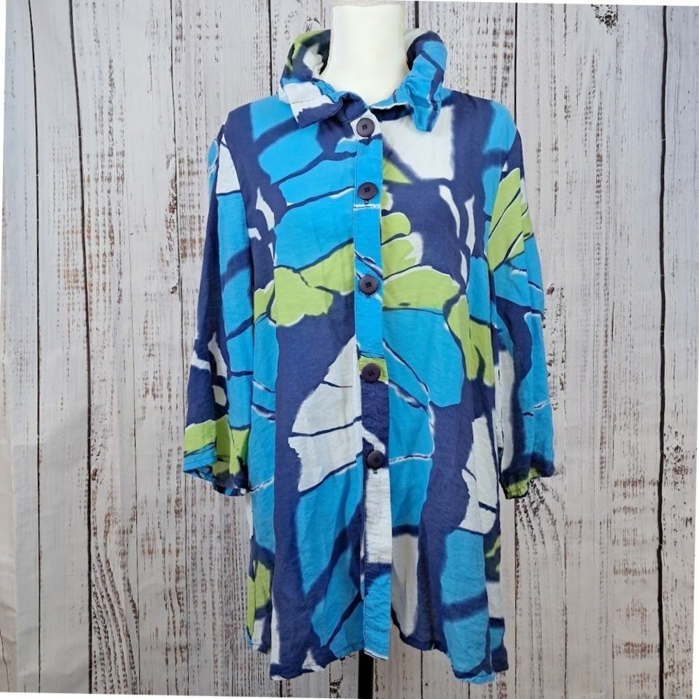 Yushi XL Blue Green Butterfly Wing Print Button Up Tunic Blouse Wired Collar Art - Picture 2 of 8